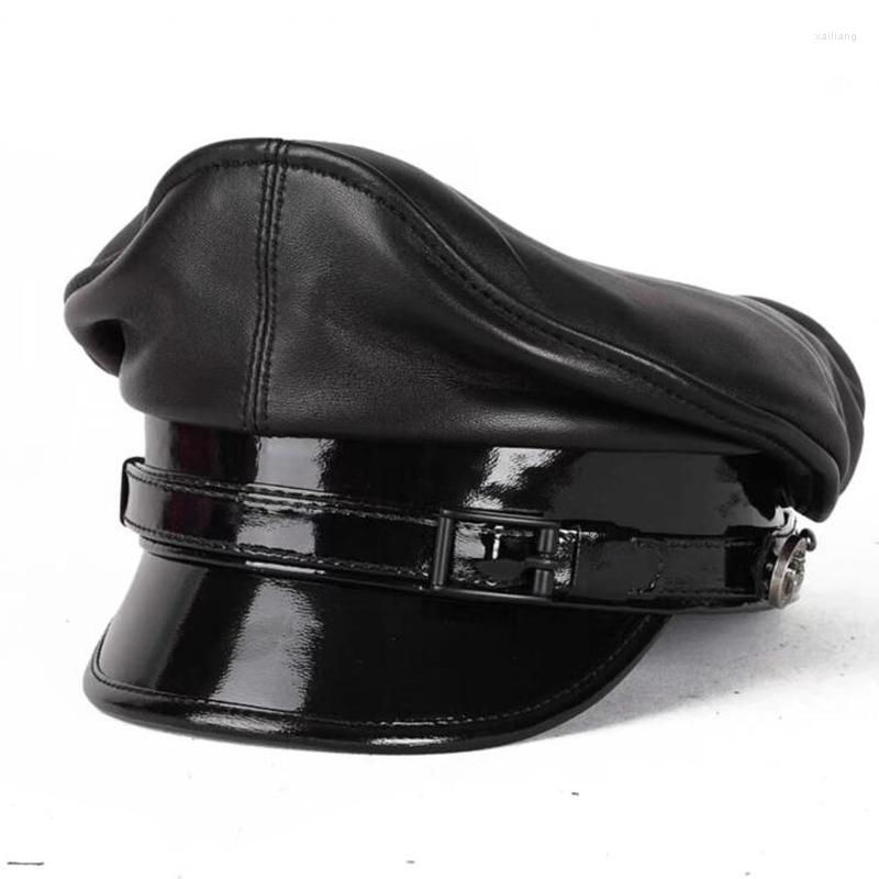 

Berets Deluxy Patent Leather Hat For Men European American Black Cadet German Motorcycle Flat Top Captain Caps With Windbreak Belt, Brown white