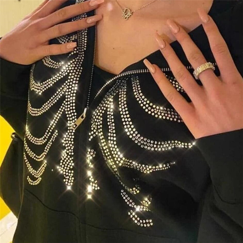 Men's Hoodies Sweatshirts Rhinestones Spider Web Skeleton Print Black Y2k Goth Long-sleeve Full Zip Oversized Jacket American Fashion -selling 22