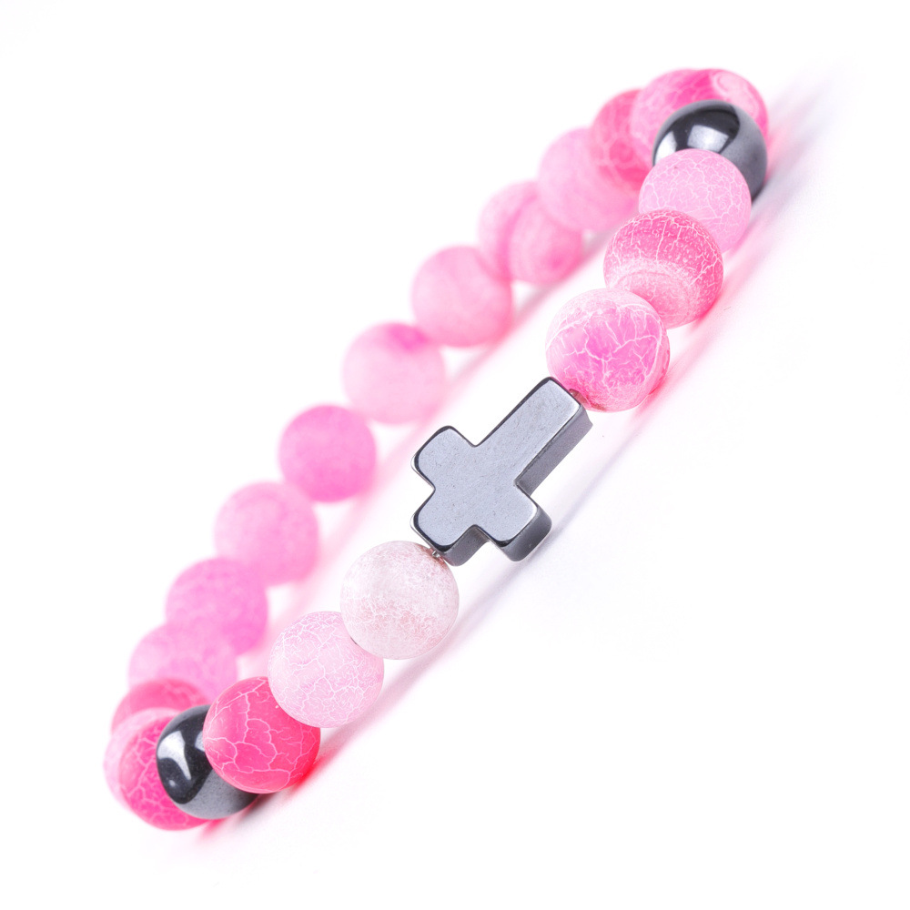 8mm Purple Blue Colorful Weathered Agate Hematite Beads Cross Bracelet for Women Men Yoga Jewelry