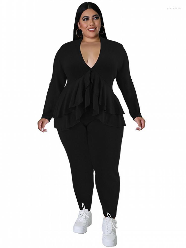 Women's Two Piece Pants Set Big Size Women Long Sleeve Outfits Ruffles Fashion Pure Color V Neck Top And Suit Casual Lady Matching, Black
Women's Two Piece Pants Set Big Size Women Long Sleeve Outfits Ruffles Fashion Pure Color V Neck Top And Suit Casual Lady Matching, Black