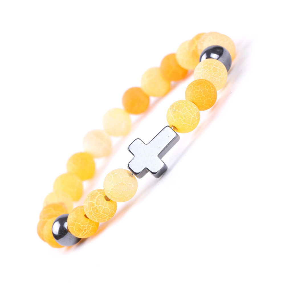 8mm Purple Blue Colorful Weathered Agate Hematite Beads Cross Bracelet for Women Men Yoga Jewelry
