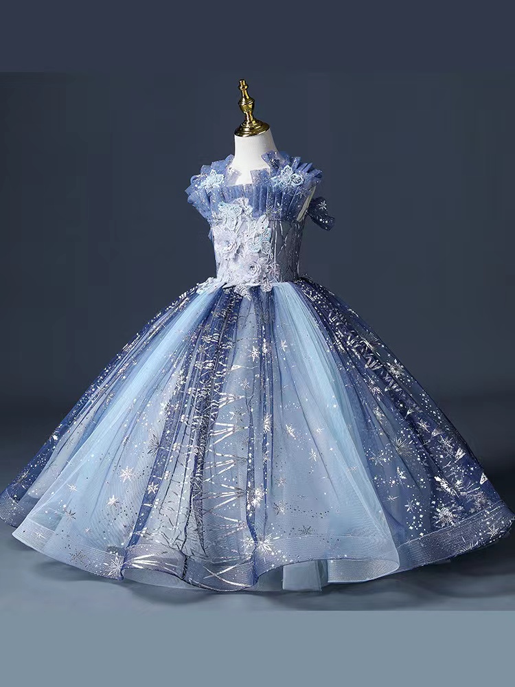 Blue Lovely Flower Girls Dresses Dubai Style Daughter Toddler Pretty Kids Pageant Formal First Holy Communion Gown For Country Garden Church 403