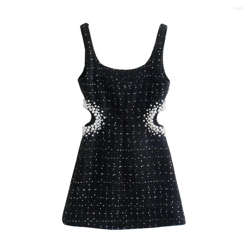 Casual Dresses Women Vintage Tweed Black Plaid Hollow Out Dress Female Pearl Decoration Slim Square Collar Mini