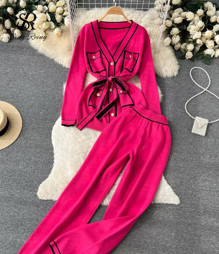 Women's Tracksuits Knitted Two Piece Set Winter Knit Sweater Sets Women Outfits Top and Wide Leg Pants Suits For