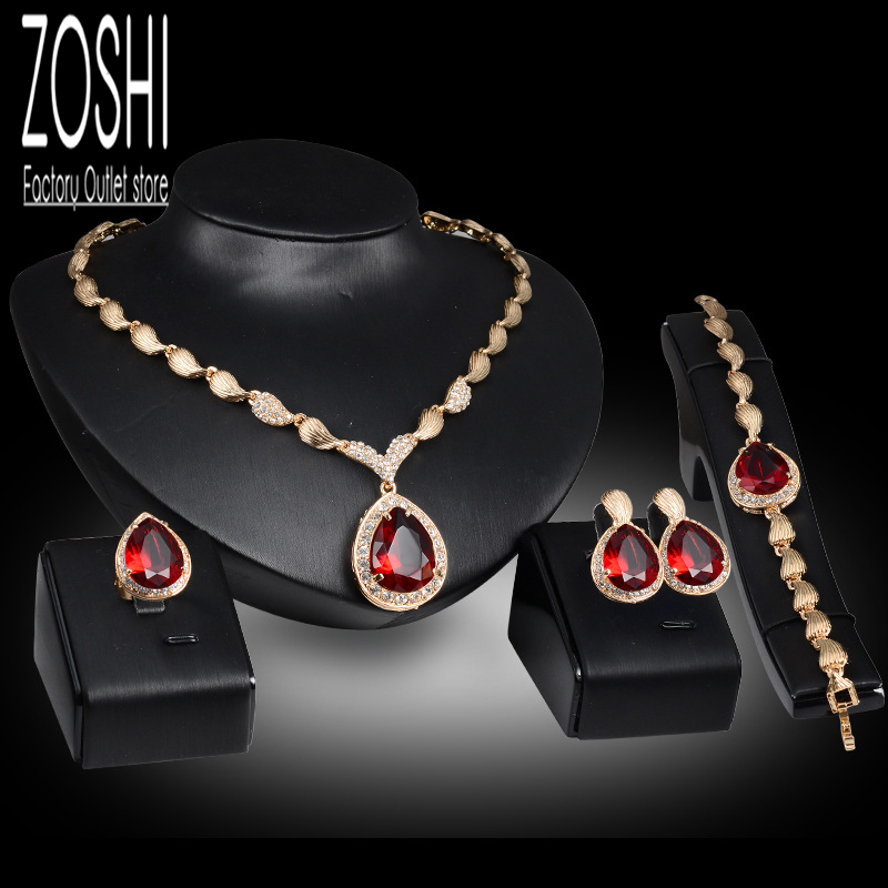 Wedding Jewelry Sets Womens Party Water drop Red CZ Crystal Necklace Earrings Bracelet Ring Indian Gold Plated 221207
Wedding Jewelry Sets Womens Party Water drop Red CZ Crystal Necklace Earrings Bracelet Ring Indian Gold Plated 221207