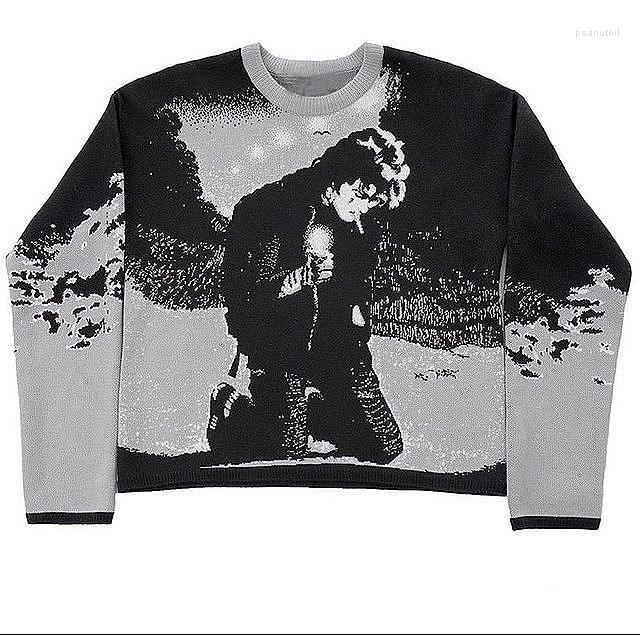 Men's Haruku Vintage Cartoon Anime Print Knit Oversized Sweater Gothic Punk Streetwear Ugly - Dark Grey B1