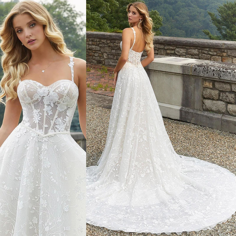 

Sweetheart Spaghetti Straps Boho Wedding Dress Elegant Lace Floral Bridal Gowns A-Line Sweep Train Vestido De Novia, Champagne