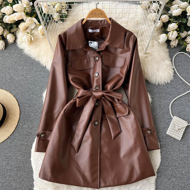 Women's Trench Coats Autumn Winter Long Black Straight PU Faux Leather Coat For Women Sleeve Belt Elegant British Style Fashion Tops 2022
Women's Trench Coats Autumn Winter Long Black Straight PU Faux Leather Coat For Women Sleeve Belt Elegant British Style Fashion Tops 2022