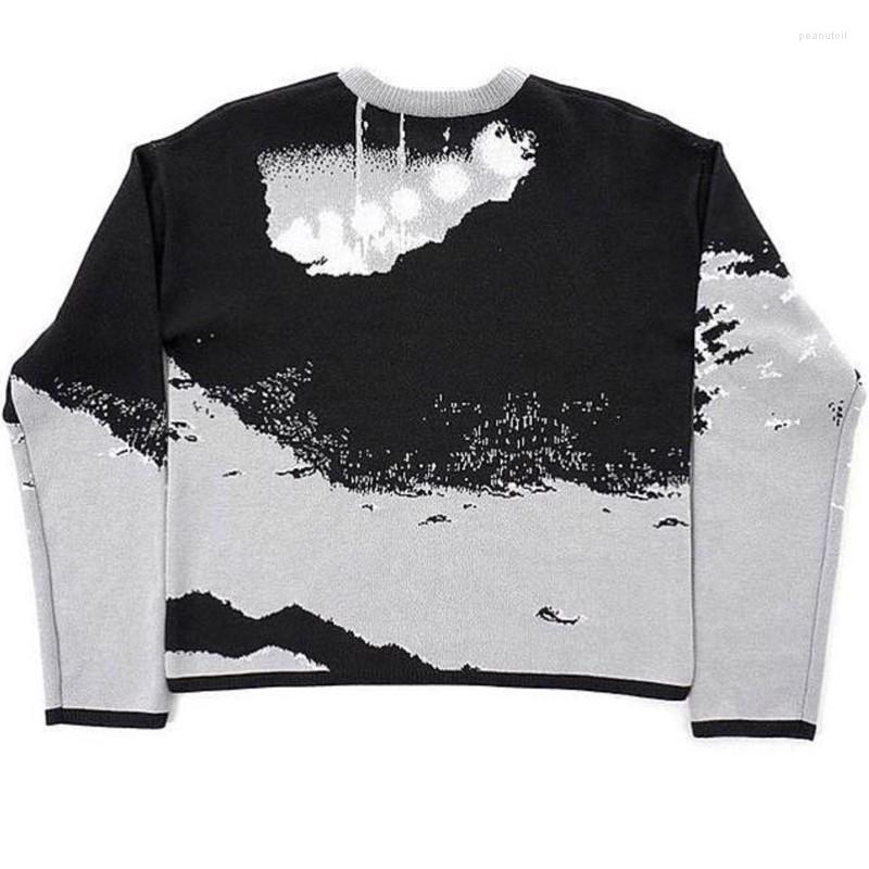 Men's Haruku Vintage Cartoon Anime Print Knit Oversized Sweater Gothic Punk Streetwear Ugly - Dark Grey B1