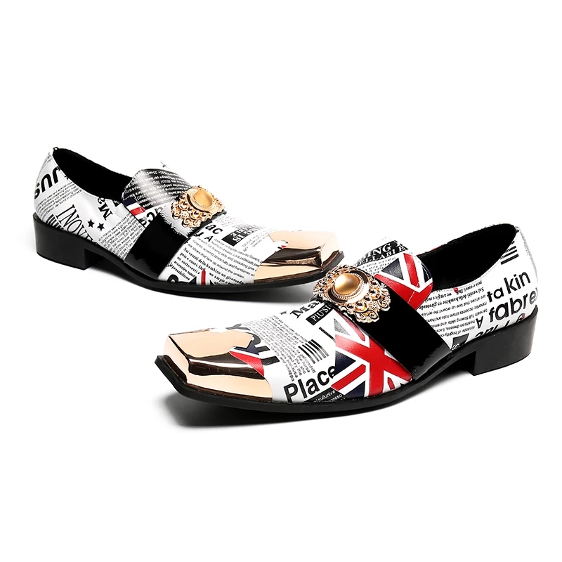 Fashion Pointed Toe Metal Square Toe Male Leather Shoes Slip On Newspaper Print Casual Business Shoes Men Formal Dress Shoes, As pic
Fashion Pointed Toe Metal Square Toe Male Leather Shoes Slip On Newspaper Print Casual Business Shoes Men Formal Dress Shoes, As pic