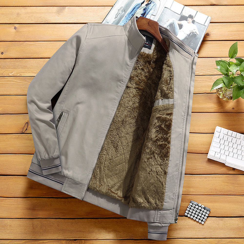 Men's Jackets Khaki Fashion Clothing Stand Collar Fleece Lined Warm Coat Streetwear Casual Fur Coats 221206