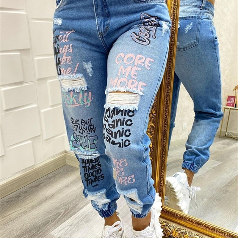 Women s Jeans Letter Print Slant Pocket Ripped Women Casual Denim Pants 221206, Blue 
Women s Jeans Letter Print Slant Pocket Ripped Women Casual Denim Pants 221206, Blue