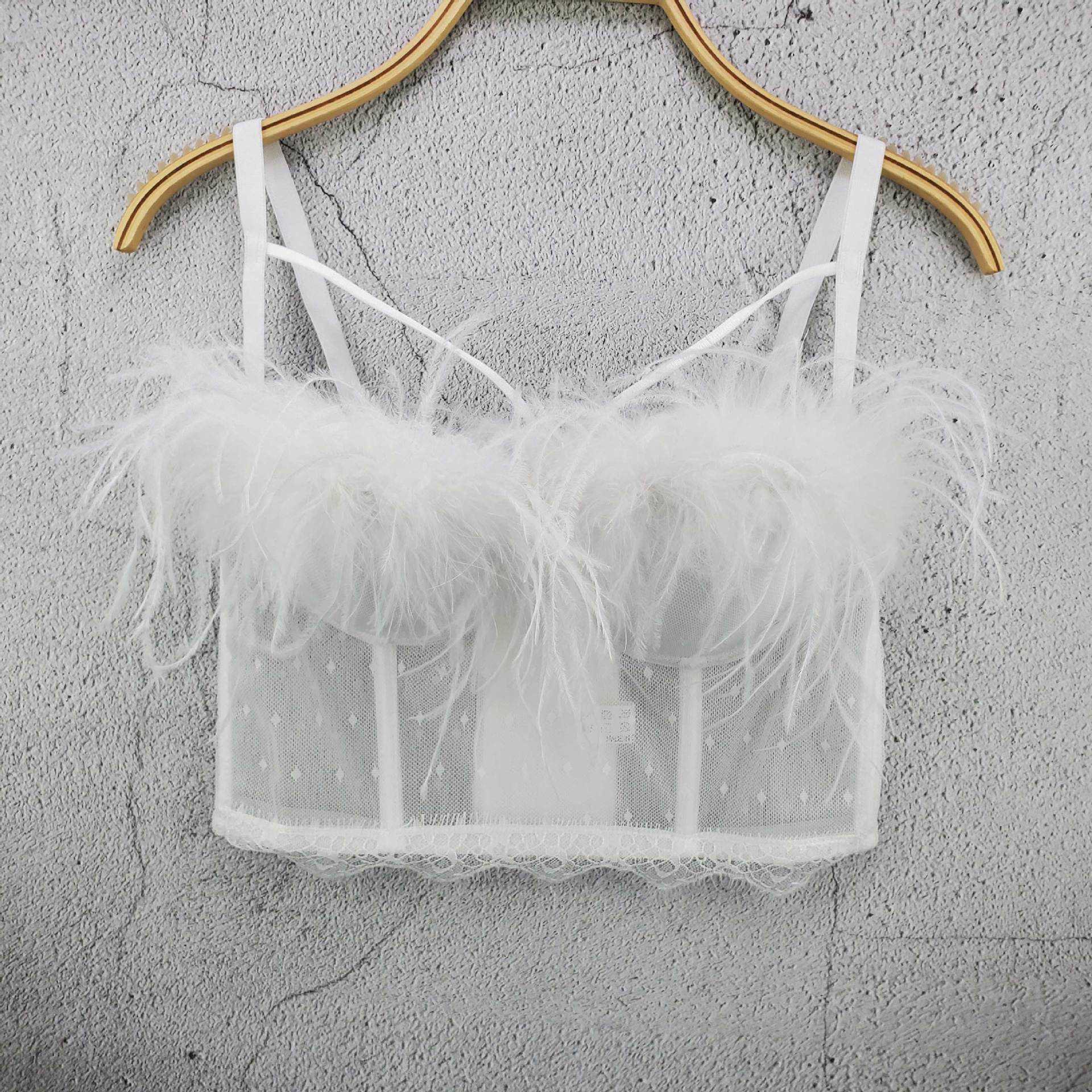 Solid color mesh lace feather suspender vest 19 new autumn and Winter Fairy Spirit white temperament vest Bra Top Women