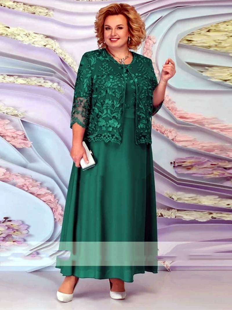 Plus Size Mother Of The Bride Dresses Suits With Lace Jacket 3/4 Long Sleeves Ankle Length Groom Mom Wedding Party Gowns Crew Neck Elegant Evening Pro