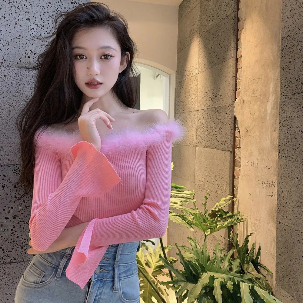 Women s Sweaters Off Shoulder Sexy Sweater Fluffy Fur Stitching Slash neck Long sleeve Knit Bottom Top Ladies Club Tops 221206, Pink
Women s Sweaters Off Shoulder Sexy Sweater Fluffy Fur Stitching Slash neck Long sleeve Knit Bottom Top Ladies Club Tops 221206, Pink