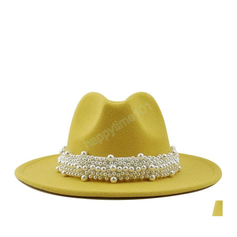 Wide Brim Hats Bucket Hats Fedora Wool Jazz Hats Casual Men Women Leather Pearl Ribbon Felt Hat White Pink Yellow Panama Trilby Fo Dho9T, 12
Wide Brim Hats Bucket Hats Fedora Wool Jazz Hats Casual Men Women Leather Pearl Ribbon Felt Hat White Pink Yellow Panama Trilby Fo Dho9T, 12