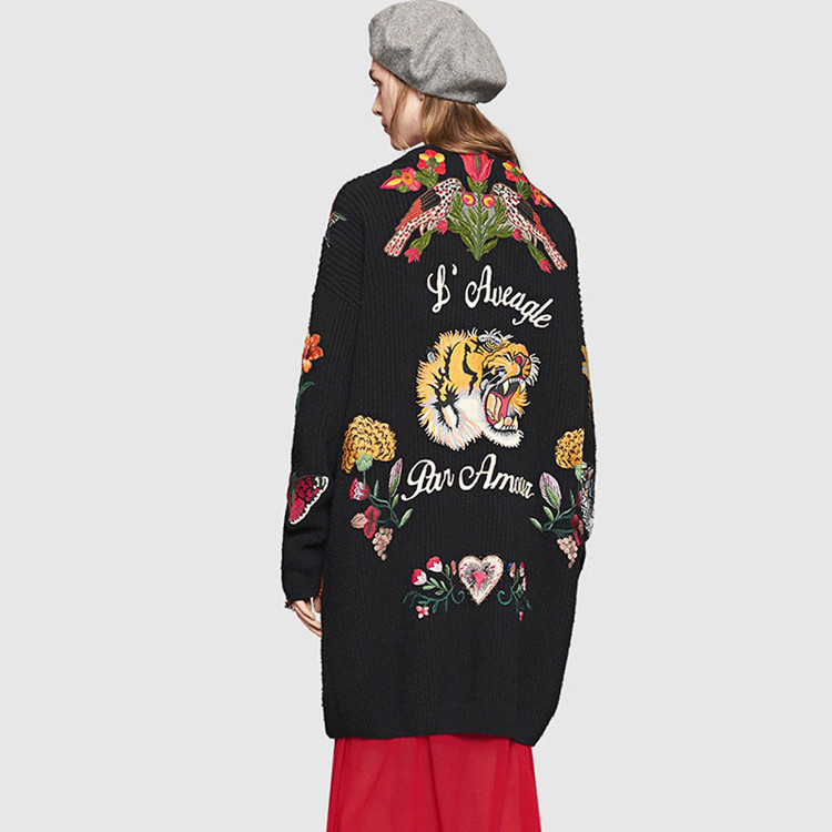 Women s Knits Tees Runway Embroidery Tiger Jacket Black Long Sweater Cardigans winter Vintage Jumper Coat Christmas 221206