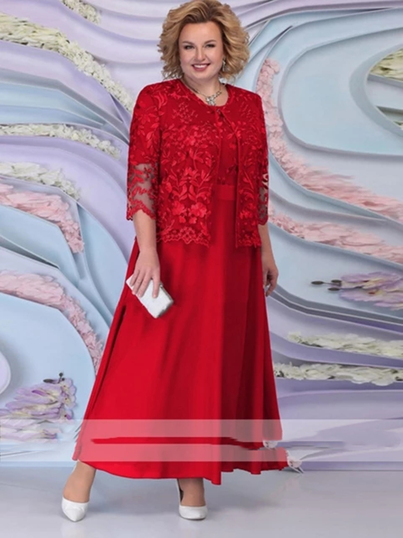 Plus Size Mother Of The Bride Dresses Suits With Lace Jacket 3/4 Long Sleeves Ankle Length Groom Mom Wedding Party Gowns Crew Neck Elegant Evening Pro