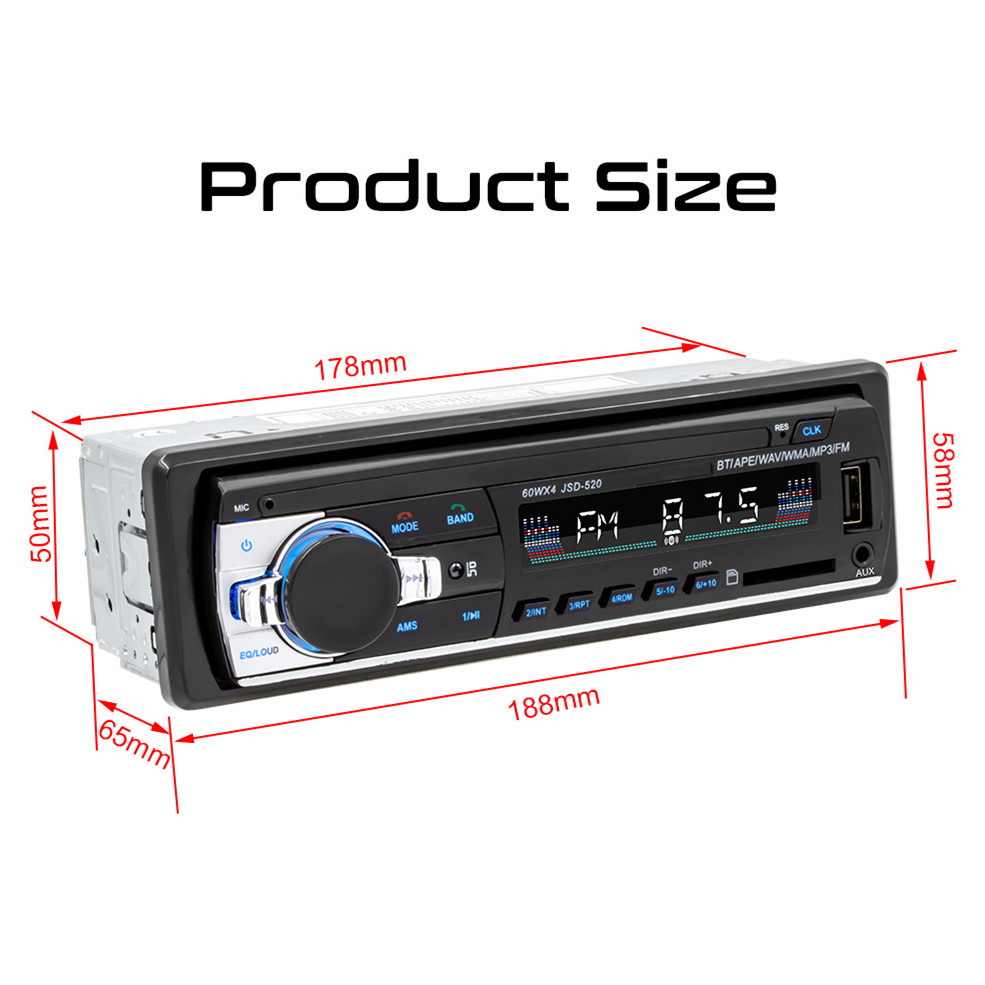 Car Radio Stereo Player 7 Color Digital Bluetooth MP3 Player JSD520 FM Audio Stereo Music USB/SD with In Dash AUX Input