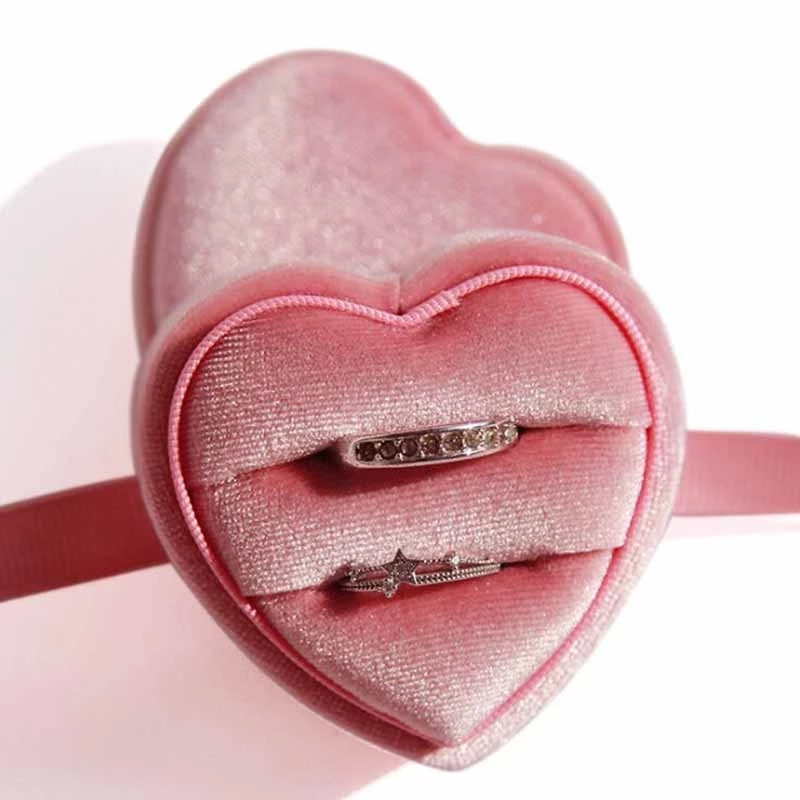 Velvet Ring Box Heart Shape Double Rings Boxes Display Holder Jewelry Case for Proposal Engagement Wedding - view 6