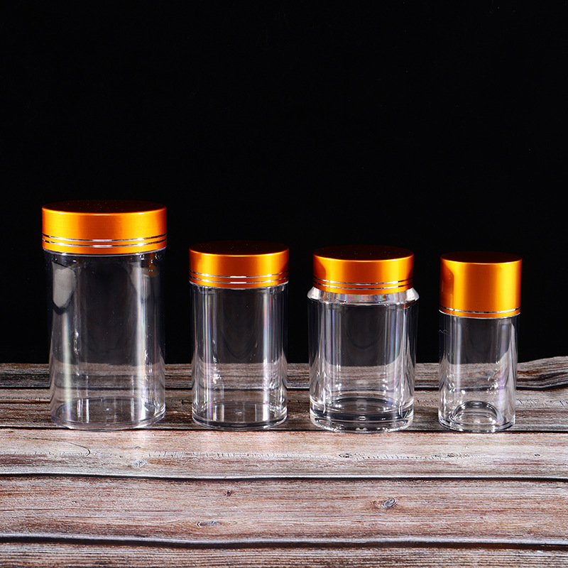 Clear Plastic Packaging Jar Acrylic Candy Food Can with Gold Lid 60ml 100ml Medicine Bottle for Health Products