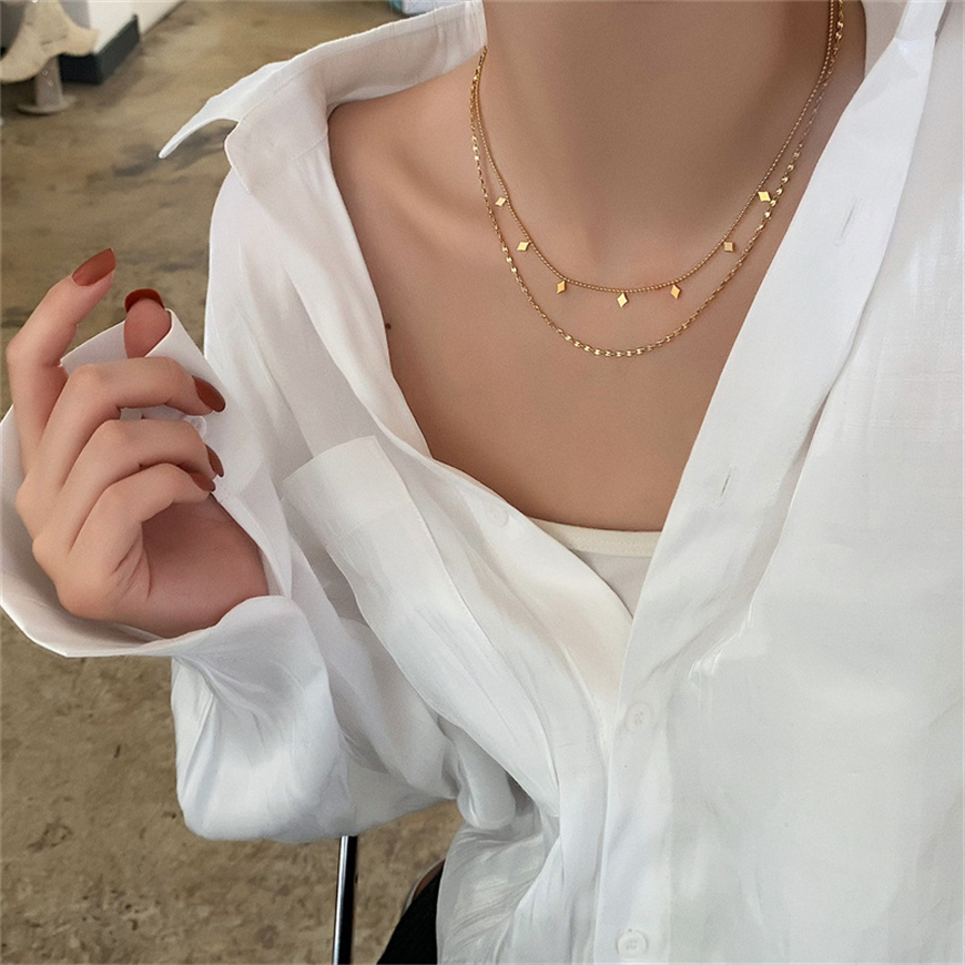 18K Gold Plated Double Layer Chain Choker Necklace Two Strand Choker Minimalist Necklace Fashion Luxury Design Jewelry Rhombus Sequin Gold Necklace Gifts for Women
18K Gold Plated Double Layer Chain Choker Necklace Two Strand Choker Minimalist Necklace Fashion Luxury Design Jewelry Rhombus Sequin Gold Necklace Gifts for Women