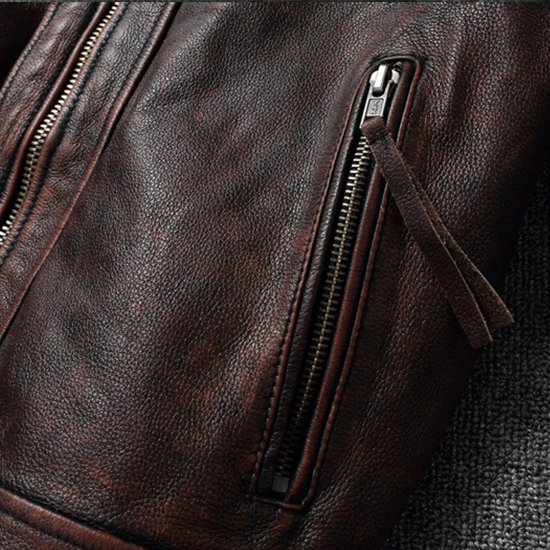 Men's Leather Faux Top layer Cow Oversized Jacket Red-Brown American retro Motorcycle Style Color Distressed High Sense Coat 221206