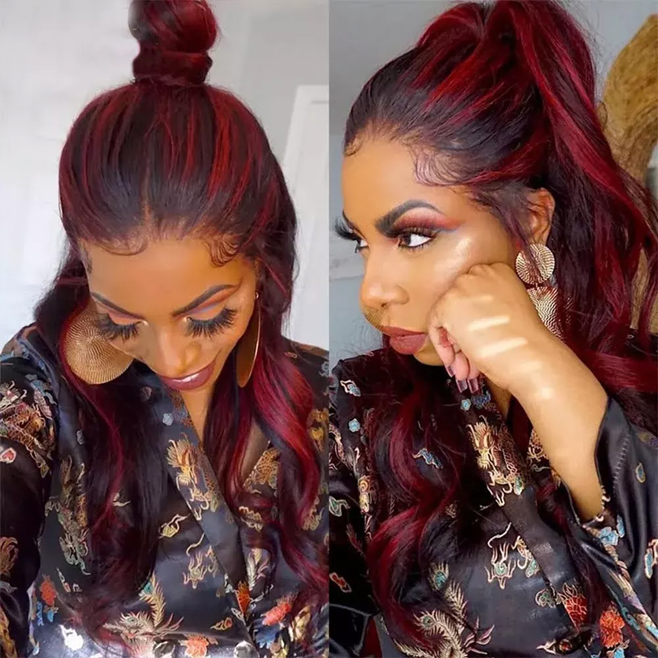 Free shipping Highlight Transparent Frontal 200% Density Brazilian Wavy 13X4 Lace Front Human Hair Wigs Red Colored Synthetic