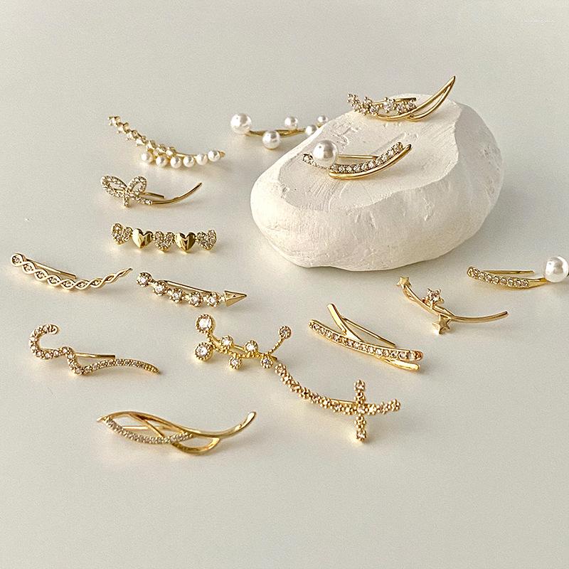 

Backs Earrings Chic Fashion Gold Wave Line Clamber Pearl Ear Cuff Piercing Climber Arrow Crystal Earcuff Clip On For Women Earclips