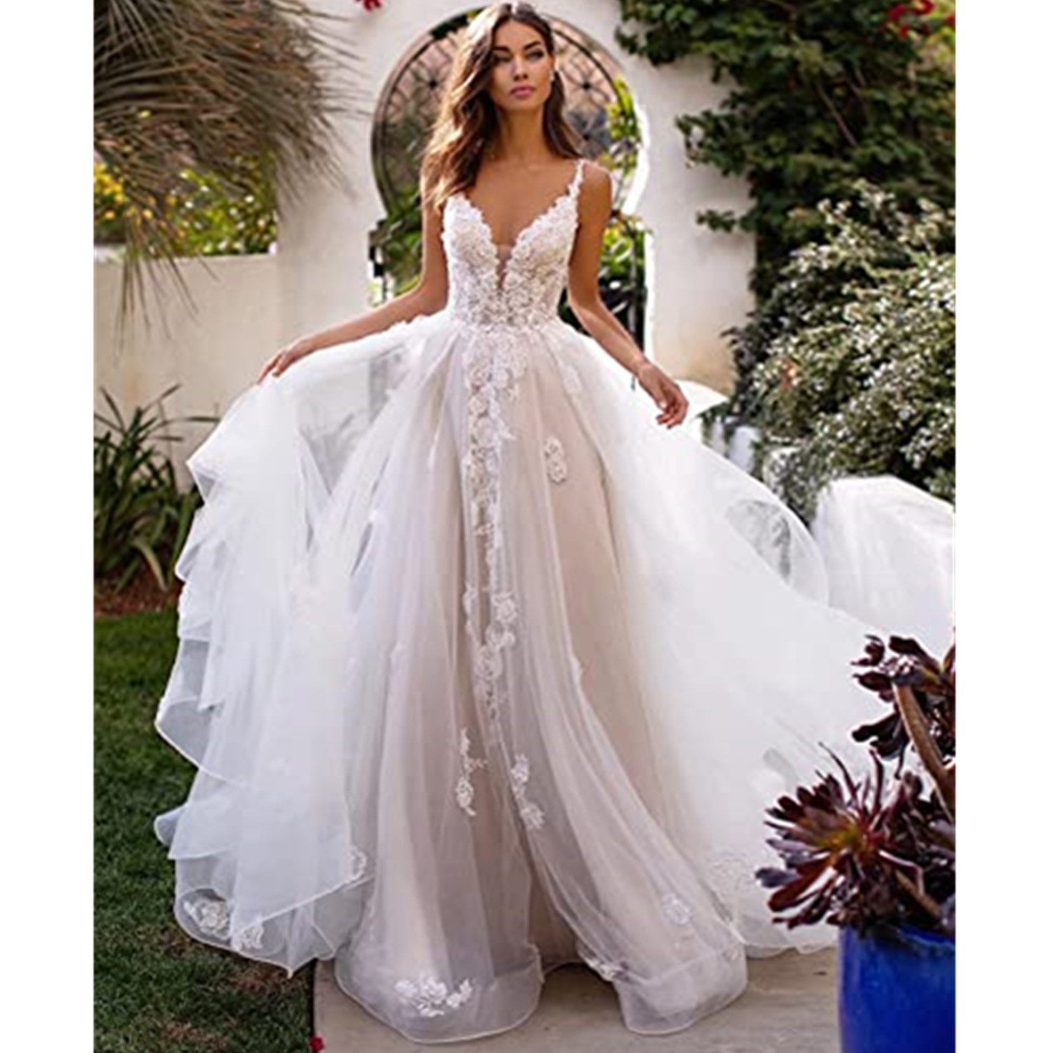 New Vintage Spaghetti Straps Lace A Line Wedding Dresses Tulle Applique Ruffles Court Train Garden Wedding Bridal Gowns, White
New Vintage Spaghetti Straps Lace A Line Wedding Dresses Tulle Applique Ruffles Court Train Garden Wedding Bridal Gowns, White