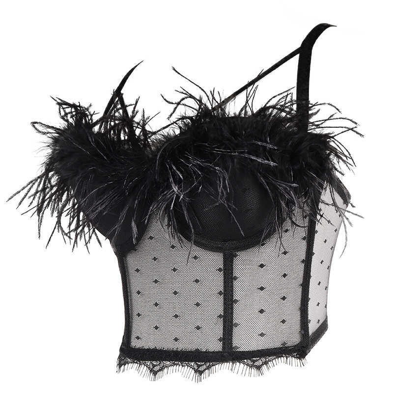 Feather suspender vest women's outer wearing short style with breast pad and inner wearing thin lace Strapless off shoulder disco top, Black7
Feather suspender vest women's outer wearing short style with breast pad and inner wearing thin lace Strapless off shoulder disco top, Black7