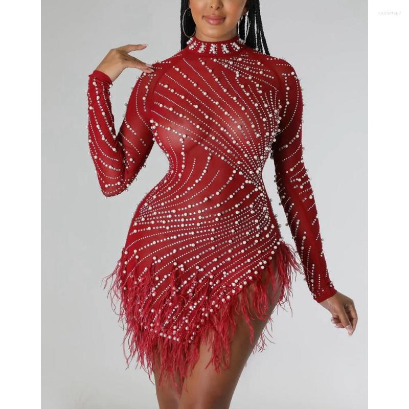 Casual Dresses Sexy Women Long Sleeve Mock Neck Asymmetrical Dress Rhinestone Sheer Mesh Feather Detail Party Female Clothes, Wine red
Casual Dresses Sexy Women Long Sleeve Mock Neck Asymmetrical Dress Rhinestone Sheer Mesh Feather Detail Party Female Clothes, Wine red