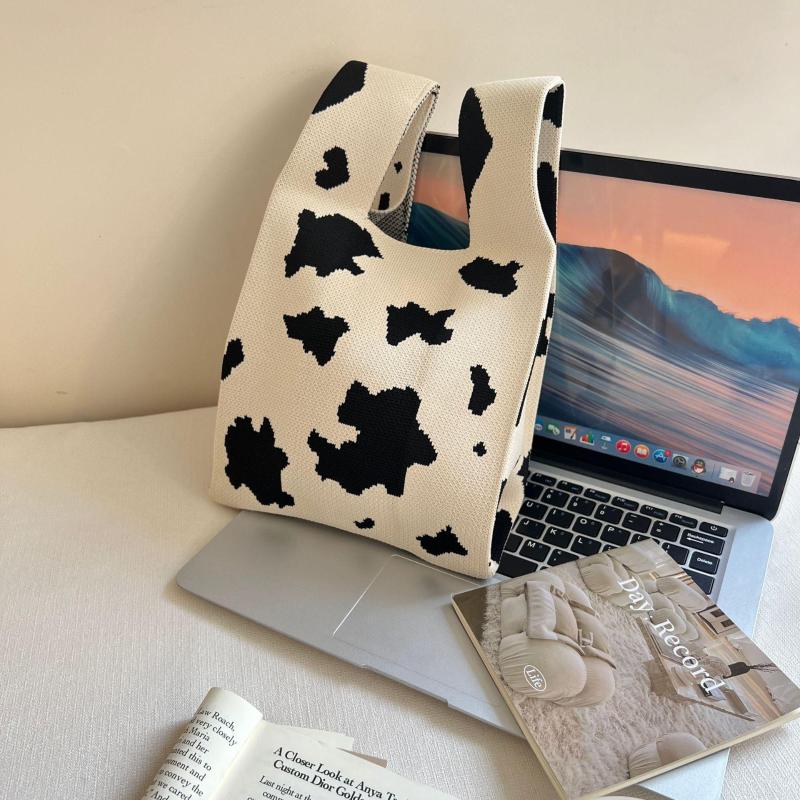 

Evening Bags Women's Bag Milk Pattern Handle Knitted Wool Design Fashion Trend Female Shoulder Underarm Tote Shopper Travel Handbags, Shoulder strap