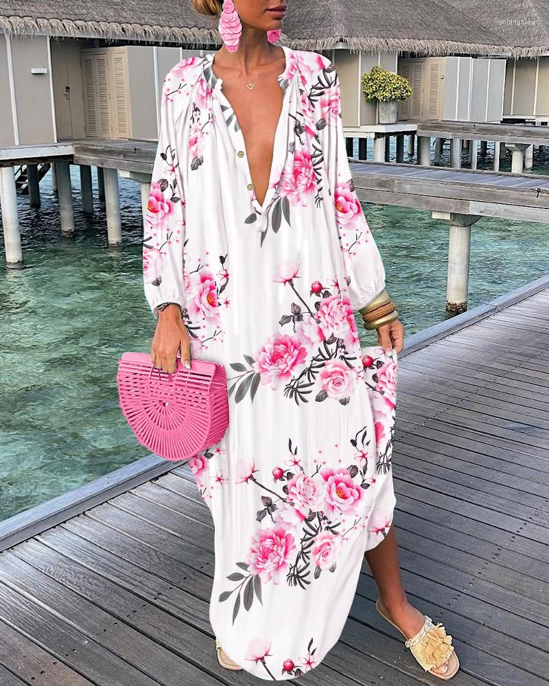Casual Dresses Elegant Boho Shirt Dress For Women Clothing 2022 Spring Summer Vintage Oversized Print Long Midi Wholesale