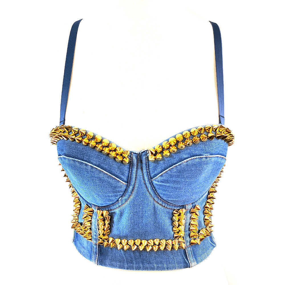 Sexy strapless denim top gold bullet head decoration Corset lingerie style outer wear suspender women, Denim blue
Sexy strapless denim top gold bullet head decoration Corset lingerie style outer wear suspender women, Denim blue