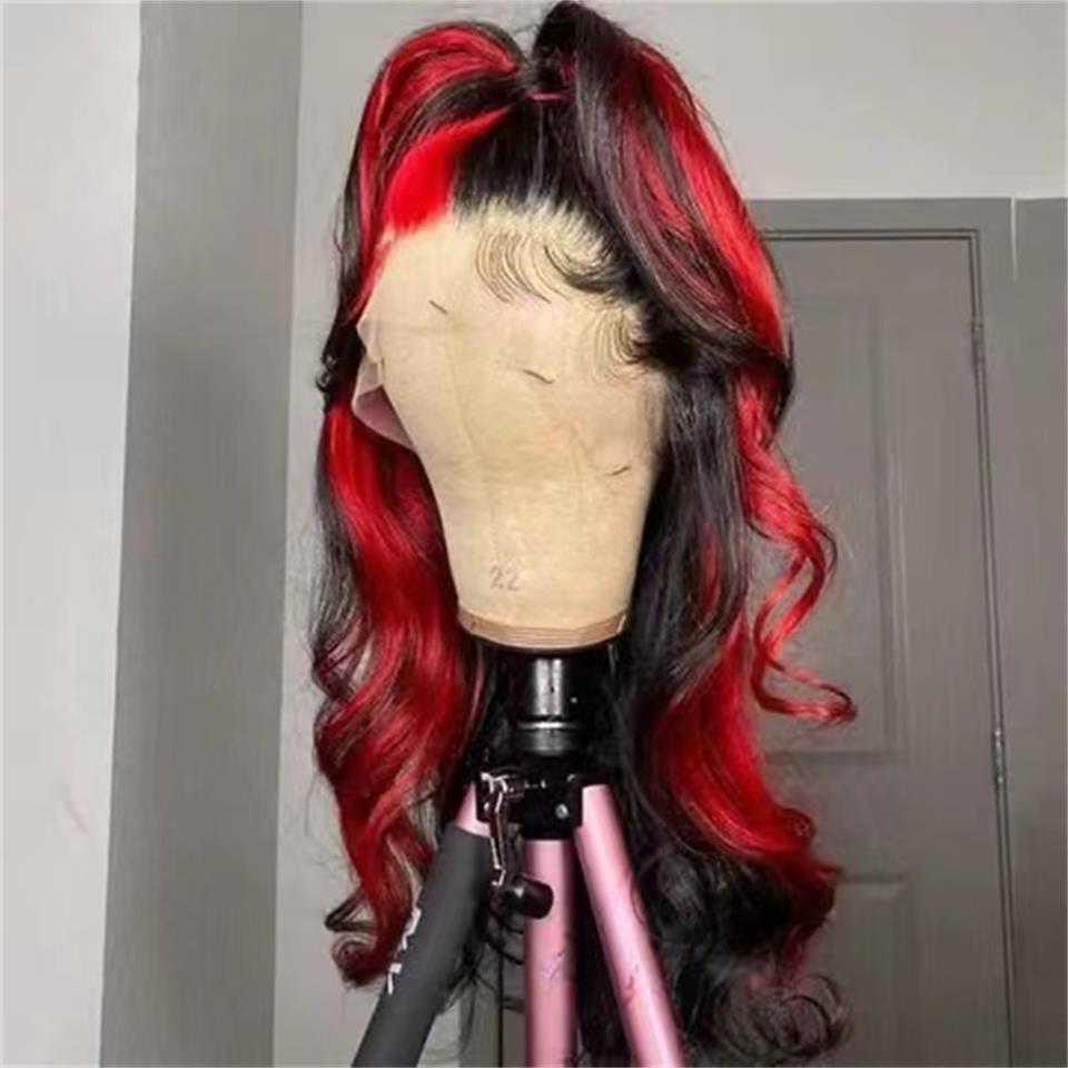 Ombre Highlight Red Black Colored Wigs Hd Transparent Lace Frontal Wig Body Wave Human Hair Pre Plucked 13x4 Lace Front Synthetic Wig