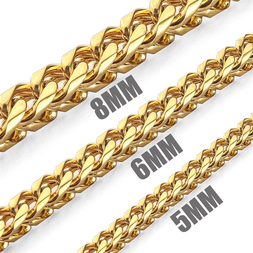 5mm 6mm 8mm Gold Stainless Steel Franco Box Curb Chain Link for Men Women Punk Necklace 1830 inch with velvet bag197o