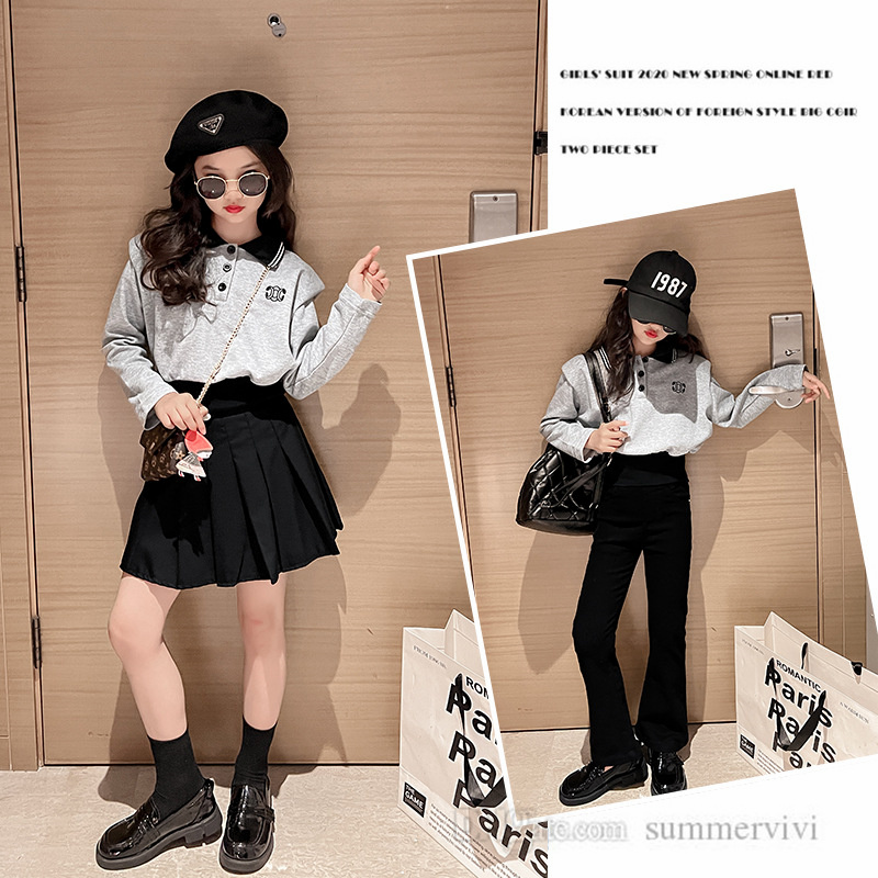 2023 Spring girls clothes sets kids letter lapel long sleeve polo shirts with pleated skirts pants 2pcs children princess outfits 5-16T A9455, Skirts sets