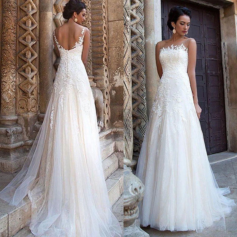 Elegant Lace Wedding Dress For Bride Modern A-line Scoop Sleeves Bridal Gowns Classic Lace Appliques Low Back, Champagne
Elegant Lace Wedding Dress For Bride Modern A-line Scoop Sleeves Bridal Gowns Classic Lace Appliques Low Back, Champagne