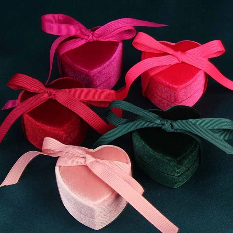 Velvet Ring Box Heart Shape Double Rings Boxes Display Holder Jewelry Case for Proposal Engagement Wedding - view 8