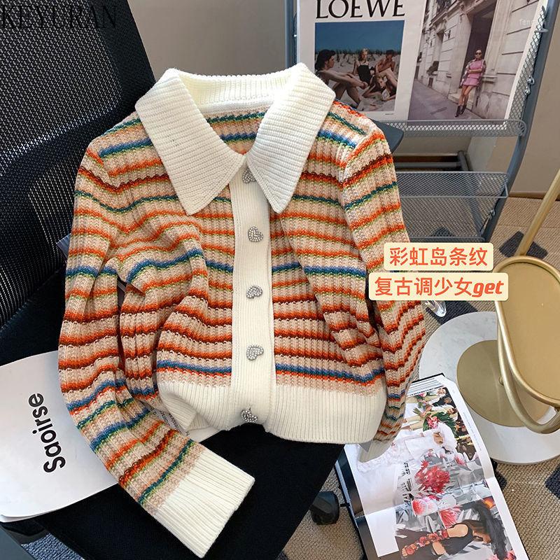 Women's Knits Retro Striped Knitted Cropped Cardigan Women 2022 Autumn Color Matching Lapel Love Button Long Sleeve Loose Sweater Coat, Photo color 
Women's Knits Retro Striped Knitted Cropped Cardigan Women 2022 Autumn Color Matching Lapel Love Button Long Sleeve Loose Sweater Coat, Photo color