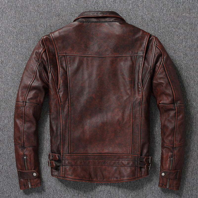 Men's Leather Faux Top layer Cow Oversized Jacket Red-Brown American retro Motorcycle Style Color Distressed High Sense Coat 221206