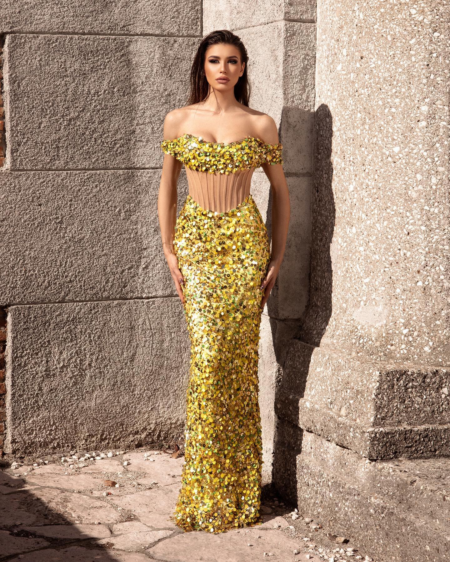Sparkle Mermaid Prom Dresses Strapless Sequined Party Dresses Bright Yellow Custom Made Evening Dress
