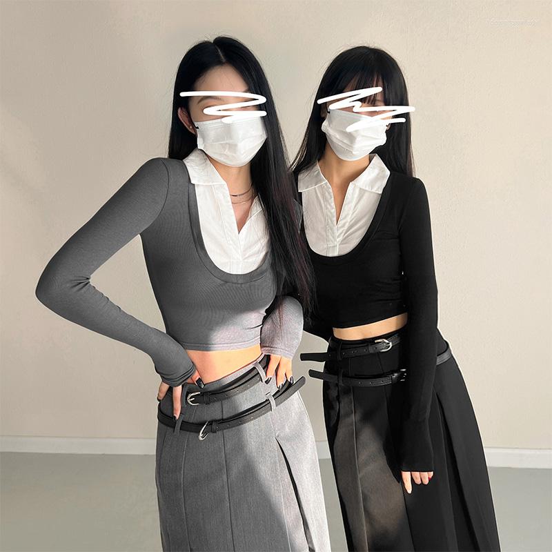 Women' T Shirts Women Two-in-One Design Long Sleeved Crop Top With Shirt Spread Collar, Black
Women' T Shirts Women Two-in-One Design Long Sleeved Crop Top With Shirt Spread Collar, Black