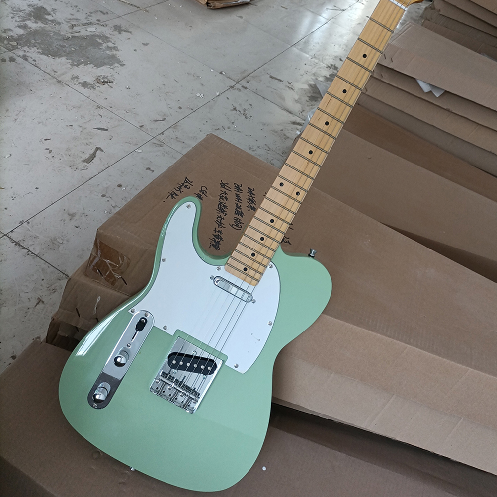 Left Hand 6 Strings Green Electric Guitar with White Pickguard Maple Fretboard Customizable