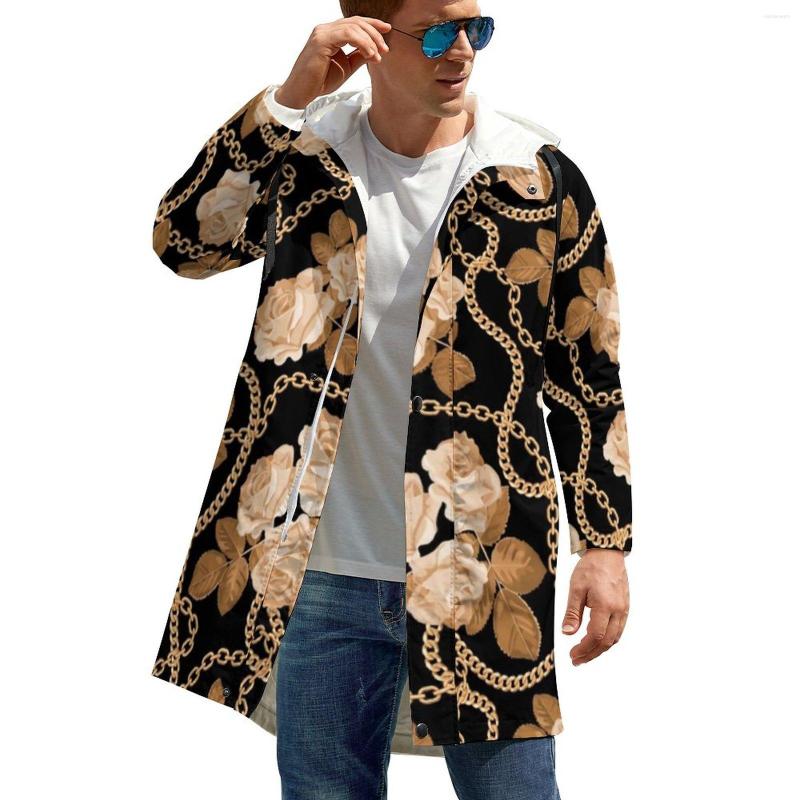 Men' Trench Coats Gold Chain Print Rose Flower Long Casual Windbreak Male Design Pretty Windproof Autumn Jackets Large Size, Style-3 
Men' Trench Coats Gold Chain Print Rose Flower Long Casual Windbreak Male Design Pretty Windproof Autumn Jackets Large Size, Style-3