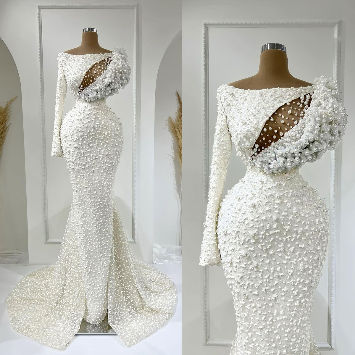 Gorgeous Mermaid Wedding Dresses Sexy One Shoulder Long Sleeve Pearls Beads Appliques Lace Bridal Gowns Custom Made Sweep Train Vestidos De Novia, Silver
Gorgeous Mermaid Wedding Dresses Sexy One Shoulder Long Sleeve Pearls Beads Appliques Lace Bridal Gowns Custom Made Sweep Train Vestidos De Novia, Silver