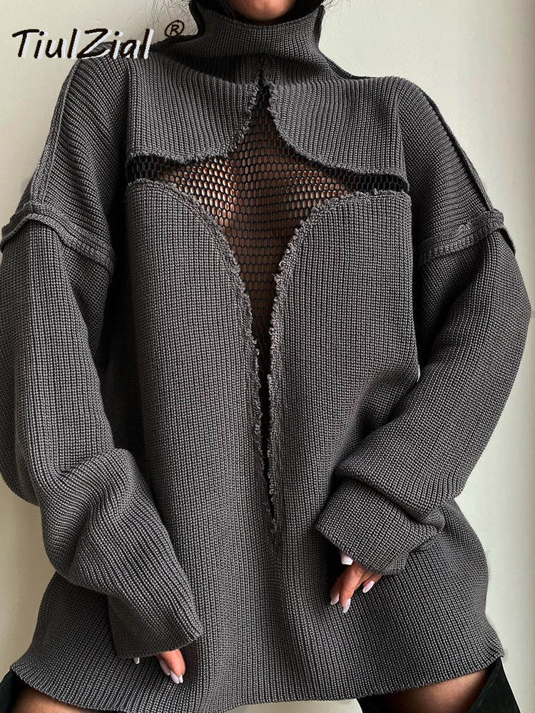 Women Sweaters TiulZial Y2K Knitted Pullover Jumper Autumn Winter Oversized Sweater Hollow Out Patchwork Mesh Loose Turtleneck Top Outfits 221206, Dark grey
Women Sweaters TiulZial Y2K Knitted Pullover Jumper Autumn Winter Oversized Sweater Hollow Out Patchwork Mesh Loose Turtleneck Top Outfits 221206, Dark grey