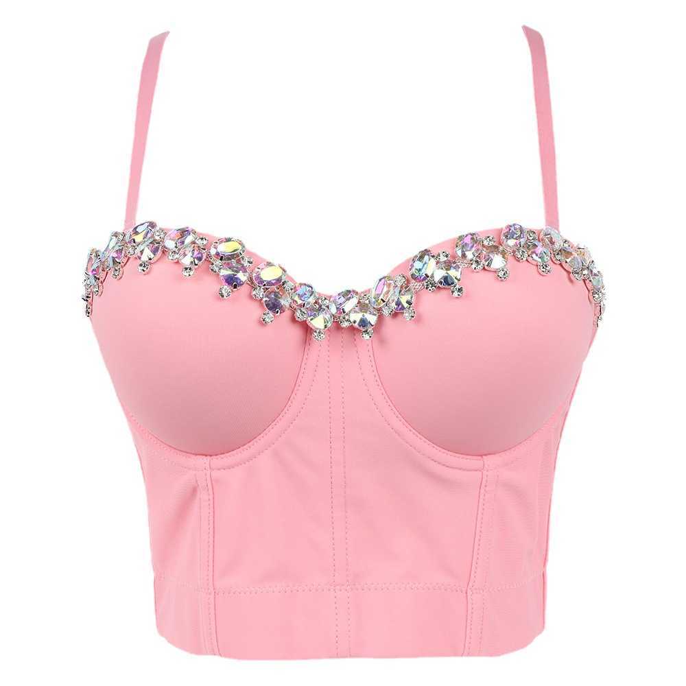 

New shaping bra short style exposed navel sexy bouncing bra bright diamond nail bead solid body sling female, White ab color