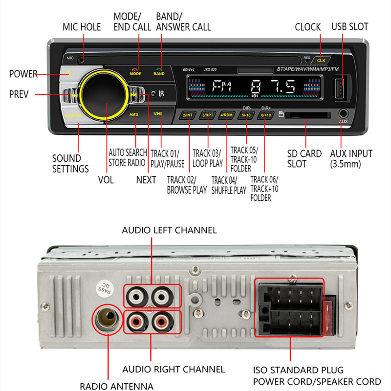 Car Radio Stereo Player 7 Color Digital Bluetooth MP3 Player JSD520 FM Audio Stereo Music USB/SD with In Dash AUX Input